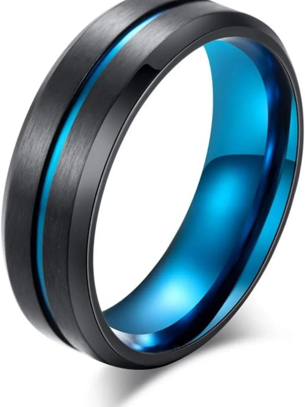 Men's 8mm Matte Brushed Stainless Steel Wedding Band Ring - Blue/Black Titanium
